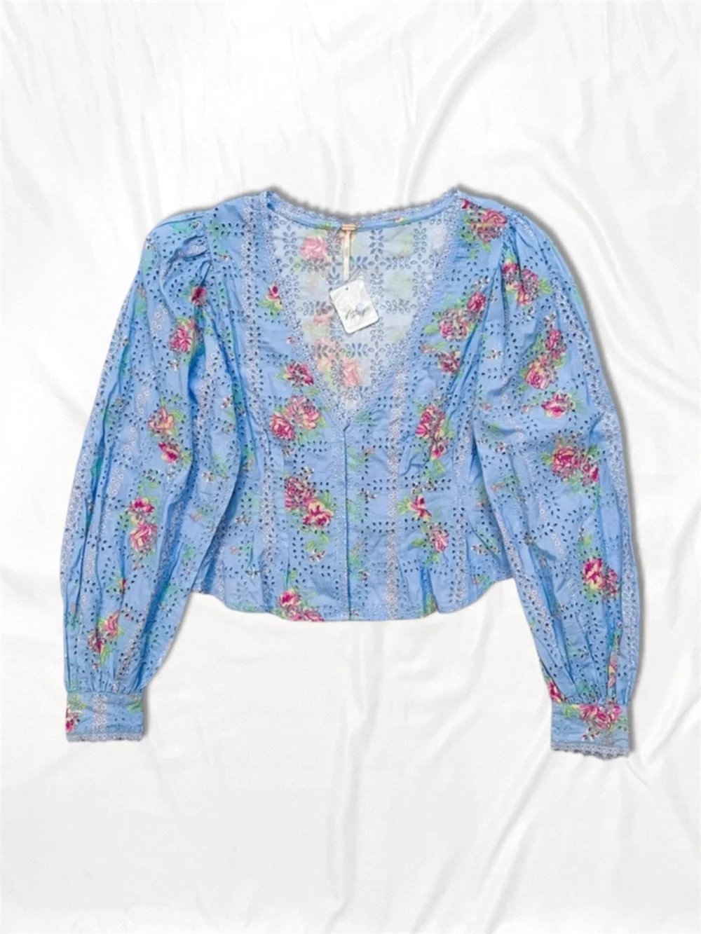 Free People Blue Floral Blossom Eyelet Top • NWT